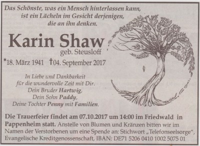 Karin Shaw Anzeige